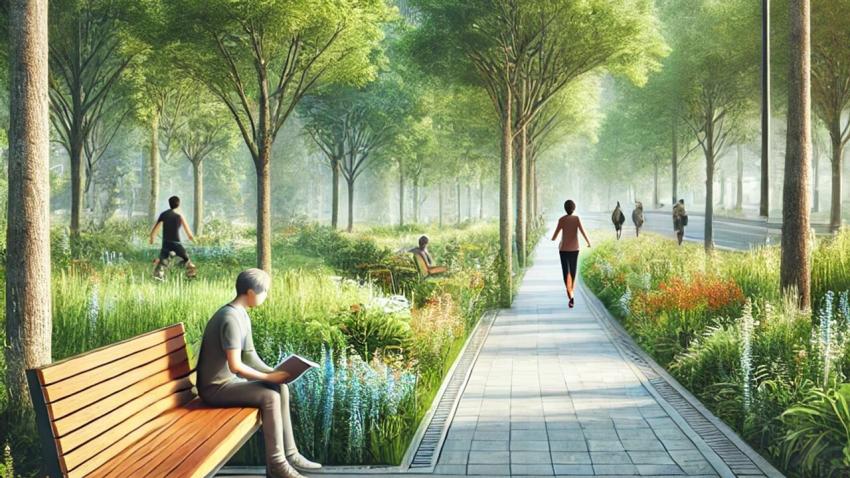 People walking and reading alone at the edge of a peaceful park with paths, benches and lots of greenery alongside a road with no cars.