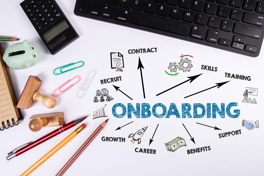 Image of the word Onboarding with arrows to various tasks
