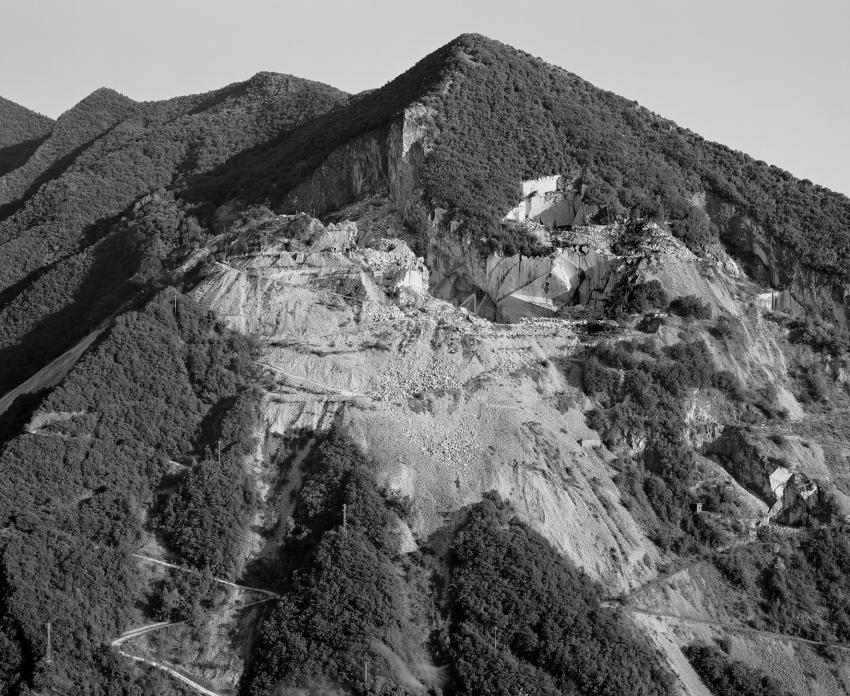Black and white photo of marble quarrying in Carrara