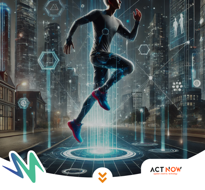 Futuristic image of an athlete jumping with a city in the background