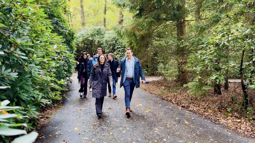 A group of partners chatting and walking in the forest
