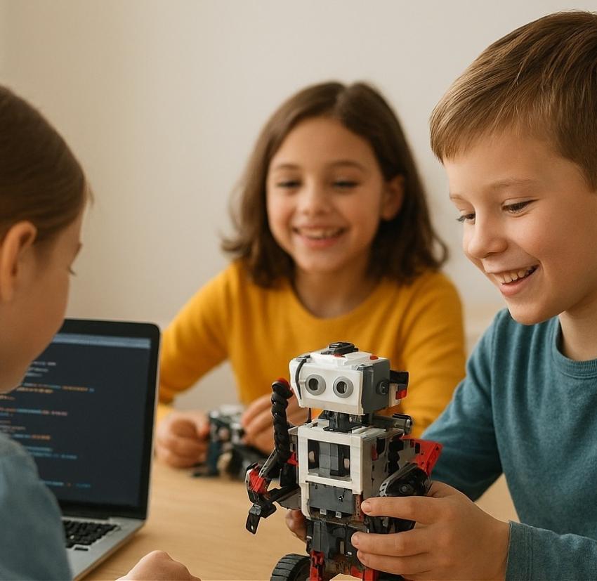 Three children smiling with a robot