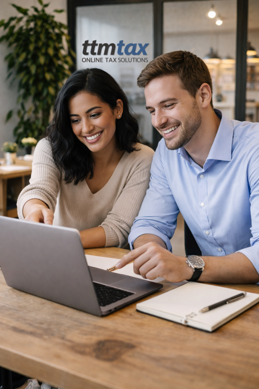 A man and a woman behind a laptop at the ttmtax office