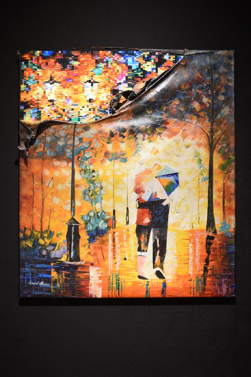 Lego Brick Exhibition image of 2 people walking under an umbrella