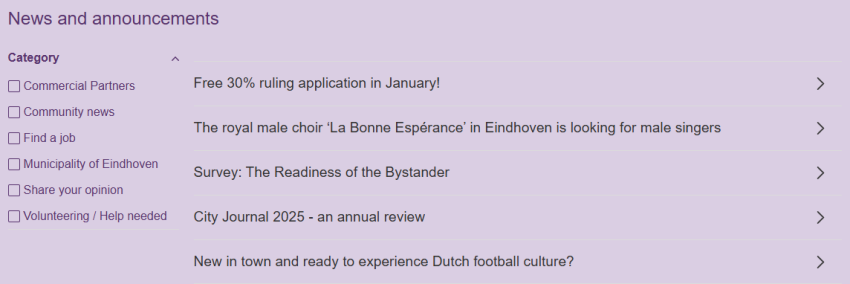 Screenshot of the news page