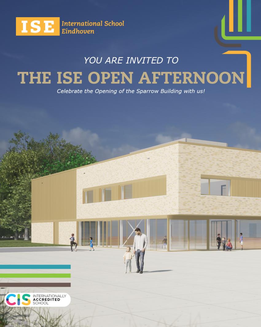 Invitation to the open afternoon at the ISE with a picture of the new building
