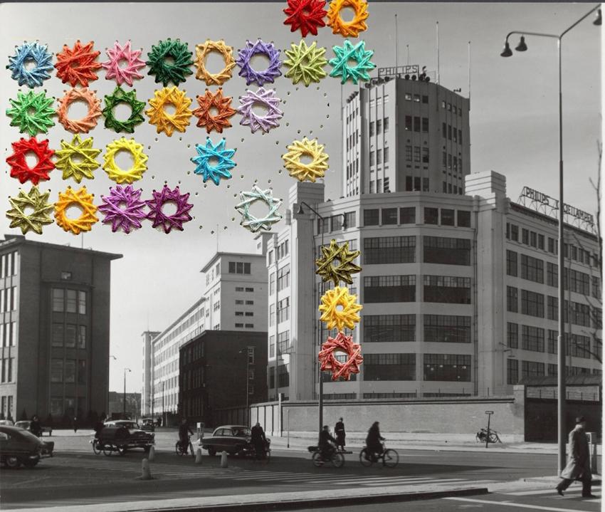 Coloured embroidery on a black and white photo