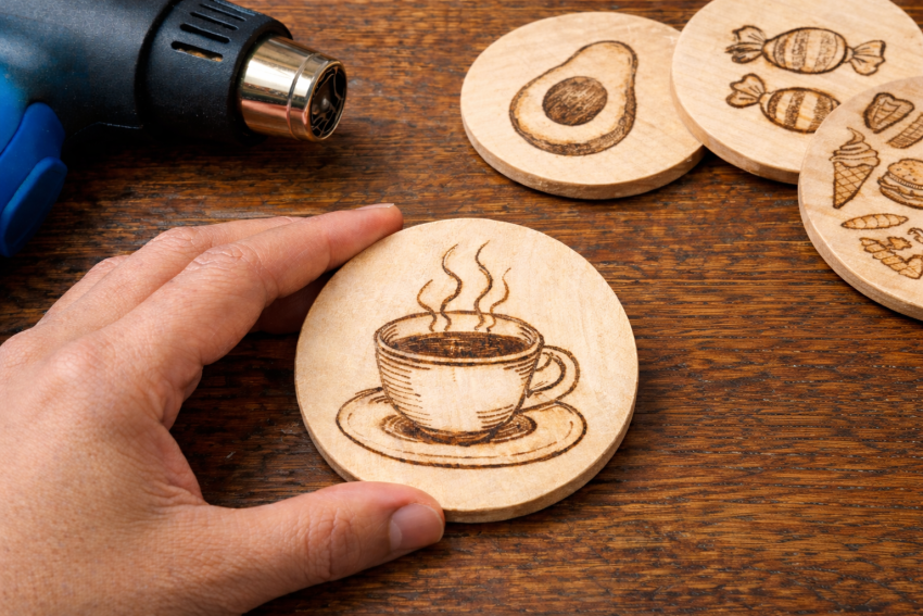 Scorching - a steaming cup of coffee on a wooden disk