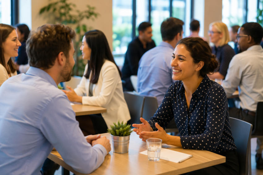 A room of people chatting at tables