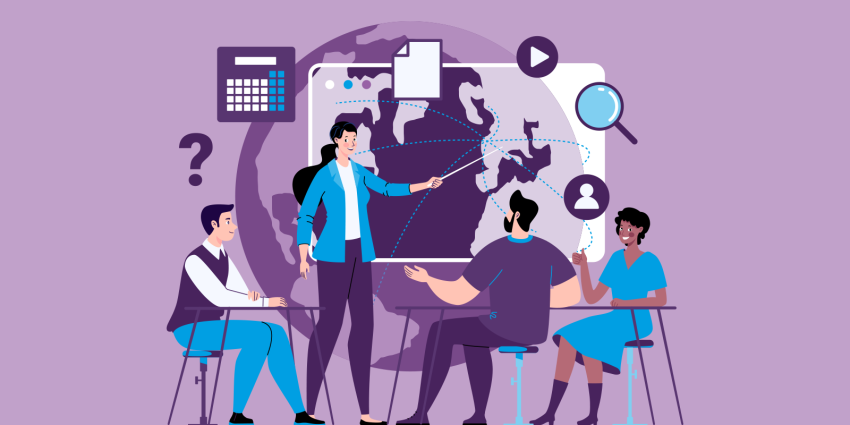 Picture of 4 employees, a calculator, and a world map