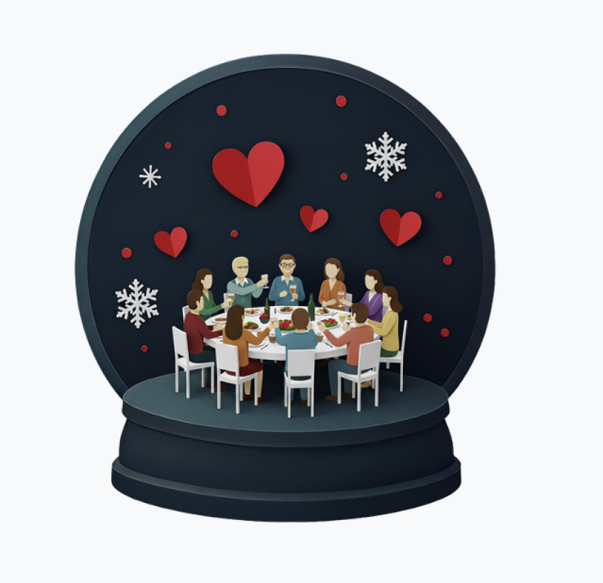 Snow globe with people sitting around a table