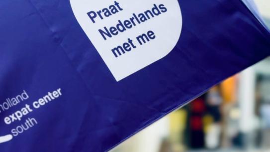 Purple cheat-sheet umbrella saying Praat Nederlands met me, klik voor een vergroting