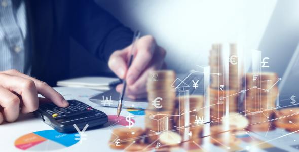 Photo of calculator and coins, plus image of currency symbols