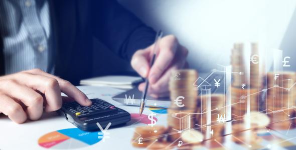 Photo of calculator and coins, plus image of currency symbols