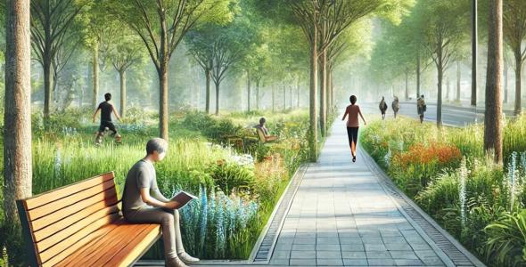 People walking and reading alone at the edge of a peaceful park with paths, benches and lots of greenery alongside a road with no cars.