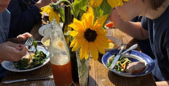 Table with people eating plant-based food dishes
