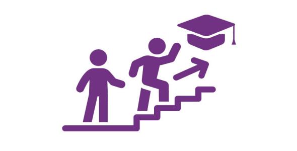 Stairs with two people, one going up the stairs towards a graduate mortar board hat