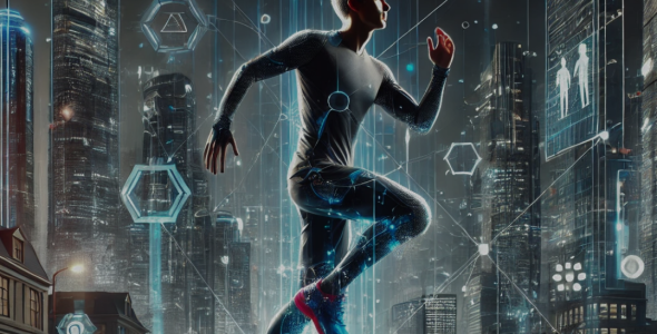 Futuristic image of an athlete jumping with a city in the background