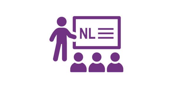 Icon of an audience of 3 people with a teacher standing by a blackboard with NL written on it