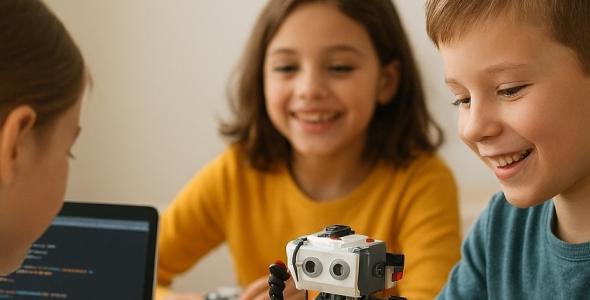 Three children smiling with a robot