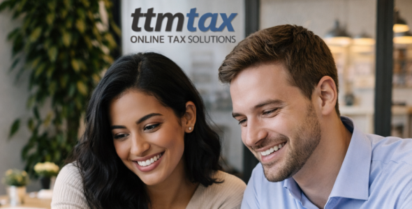 A man and a woman behind a laptop at the ttmtax office