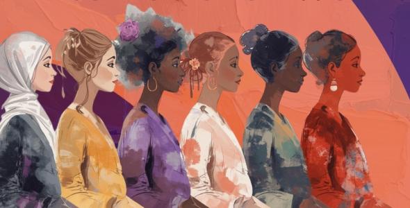 Flyer for International Women's Day 2026 with 6 women