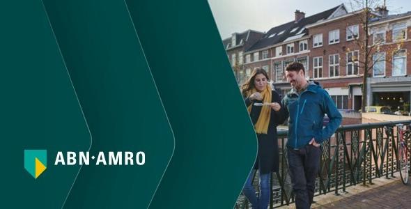 ABN AMRO logo alongside a couple standing on a bridge