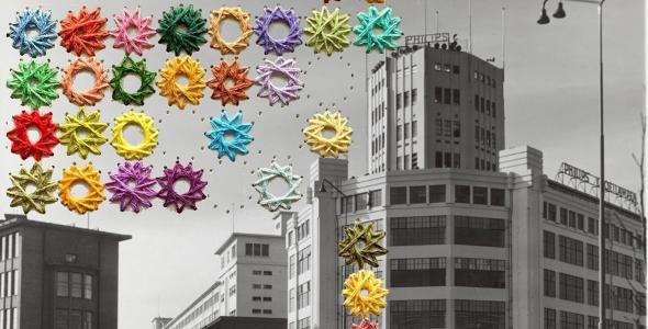 Coloured embroidery on a black and white photo