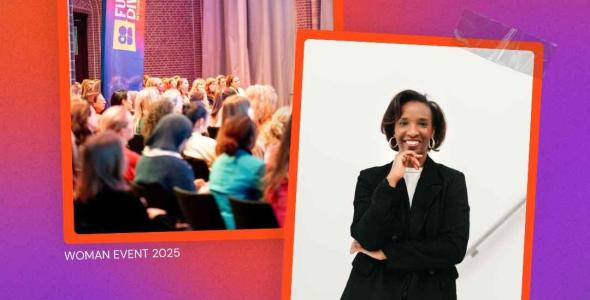 A poster showing Shenin Lebrun and the audience at the 2025 Woman event