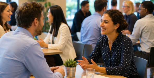 A room of people chatting at tables