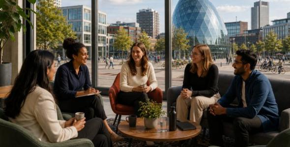 A group of five adults sitting and chatting