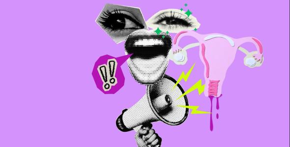 A collage of a womb, loudspeaker, eyes, and a mouth.