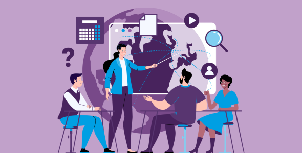 Picture of 4 employees, a calculator, and a world map